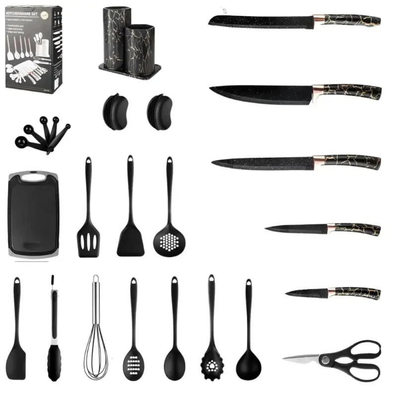 Набір кухонного приладдя 25 предметів з подвійною підставкою обробною дошкою набором ножів прихватками