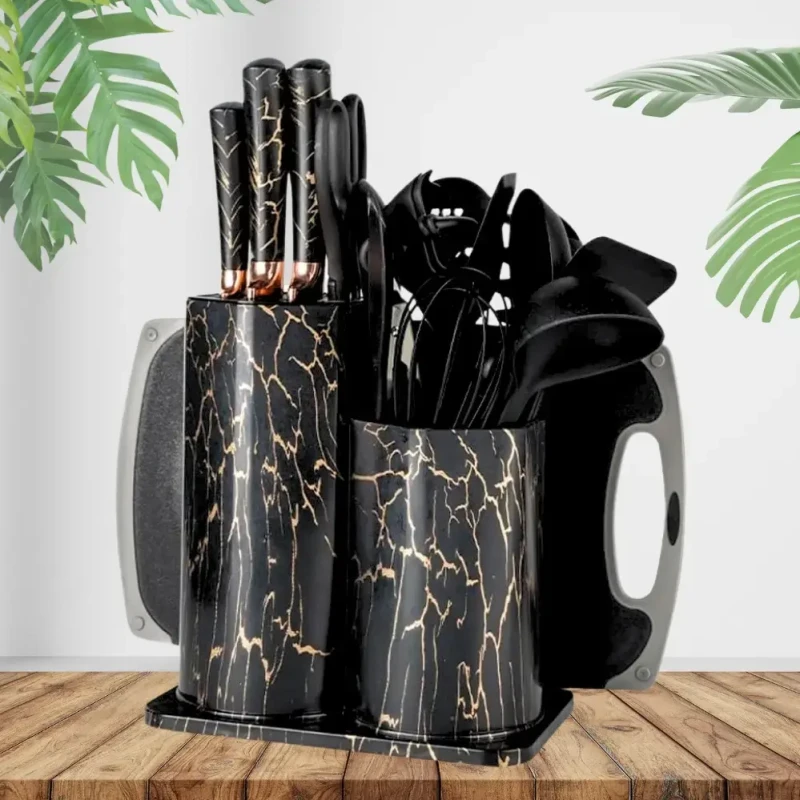 Набір кухонного приладдя 25 предметів з подвійною підставкою обробною дошкою набором ножів прихватками