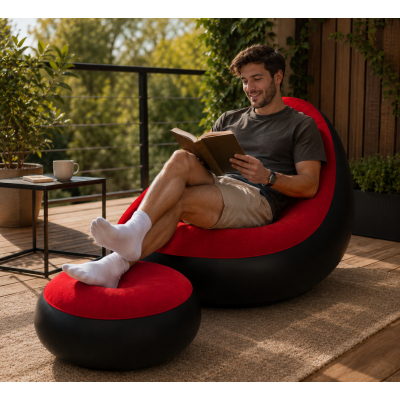 Надувний диван з пуфом Air Sofa / Надувне велюрове крісло з пуфом+насос Червоний