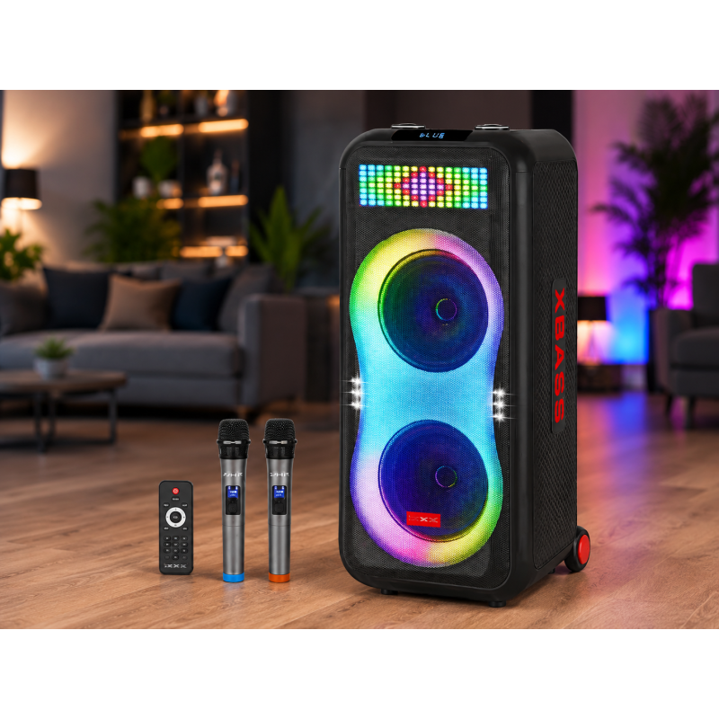 Портативна акустика ZXX-1510 / Караоке колонка 100Вт / Переносна акустична колонка з LED підсвічуванням + 2 мікрофони / Подвійна 10-дюймова акустична переносна колонка