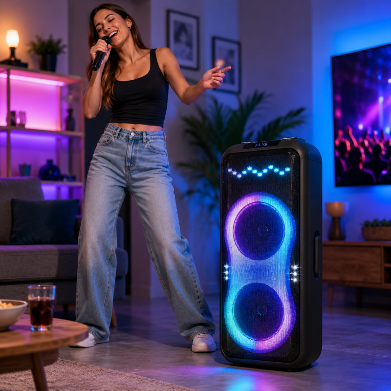 Портативна акустика ZXX-1510 / Караоке колонка 100Вт / Переносна акустична колонка з LED підсвічуванням + 2 мікрофони / Подвійна 10-дюймова акустична переносна колонка