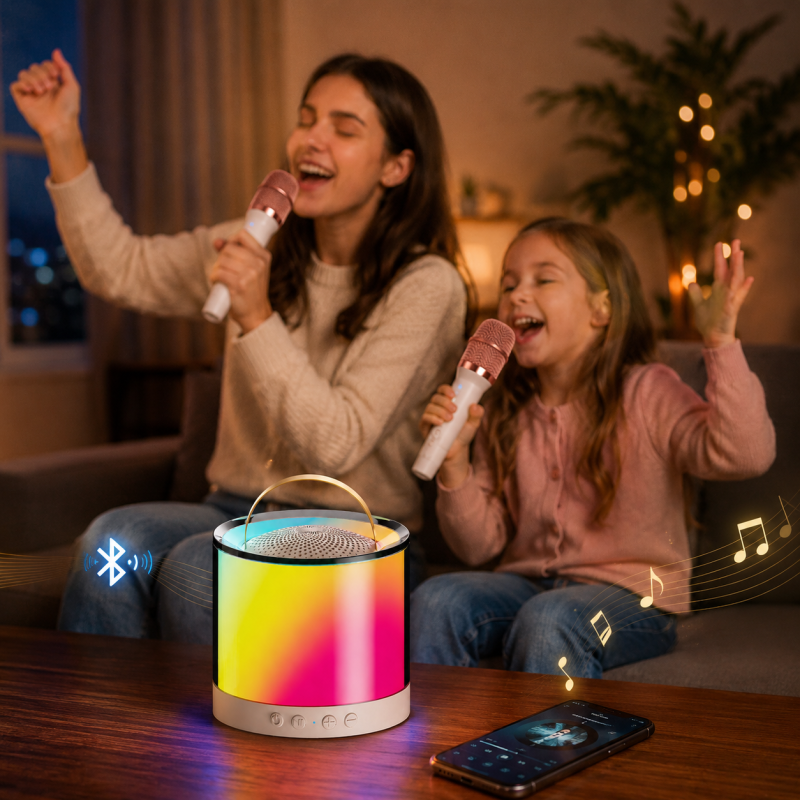Портативна колонка K52 з RGB LEDпідсвічуванням, Bluetooth 5 Вт + 2 бездротові мікрофони