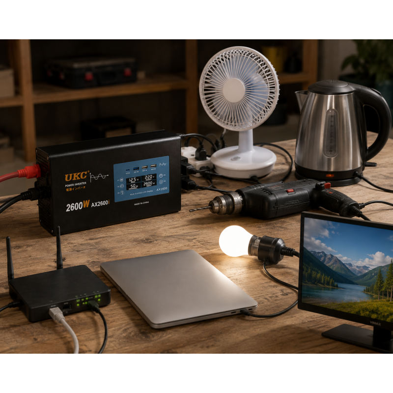 Перетворювач AC/DC 2600W AX Sine з чистим синусом / Перетворювач напруги з чистим синусом, дисплеєм та виходами: 3 x USB, 1 x Type-C / Інвертор автомобільний