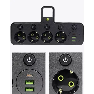 Розетка 9-в-1 європейського стилю з вимикачем, зарядним пристроєм USB та вогнестійкою/вибухозахищеною конструкцією для кухні, вітальні, спальні, офісу, 4 порти з USB