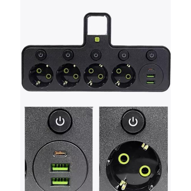 Розетка 9-в-1 європейського стилю з вимикачем, зарядним пристроєм USB та вогнестійкою/вибухозахищеною конструкцією для кухні, вітальні, спальні, офісу, 4 порти з USB