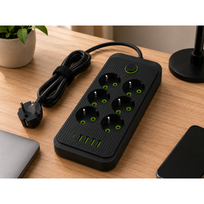 Мережевий фільтр (подовжувач) / Power — Socket F06U 6 розеток 4 USB + Type-C чорний 26X-211 / Мережевий подовжувач розеток