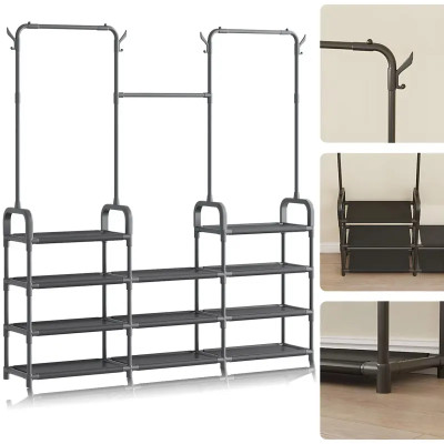 Стійка-вішалка для одягу та взуття Model1BLACK — 164×137×26см, 11полок, 4гачки, підлогова, нержавіюча сталь