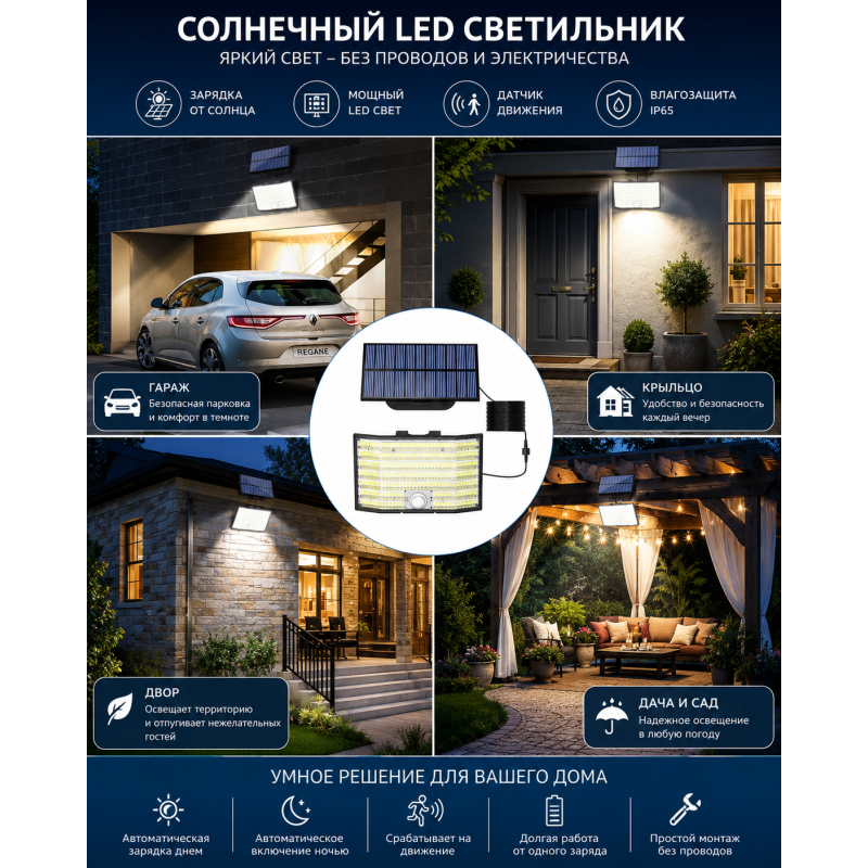 Світлодіодний світильник з датчиком руху / Прожектор на сонячній батареї / Вуличний LED світильник з пультом