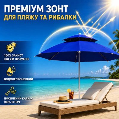 Синя Садова парасолька з подвійним куполом 220см / Пляжна двоярусна парасолька з регульованою висотою Синя Садова парасолька з подвійним куполом 220см / Пляжна двоярусна парасолька з регульованою висотою
