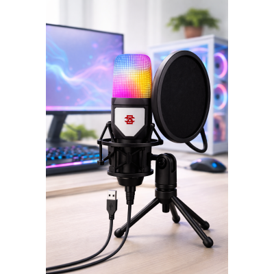 Ігровий мікрофон для ПК та приставки з RGB підсвіткою / Мікрофон конденсаторний з поп-фільтром на підставці для блогерів