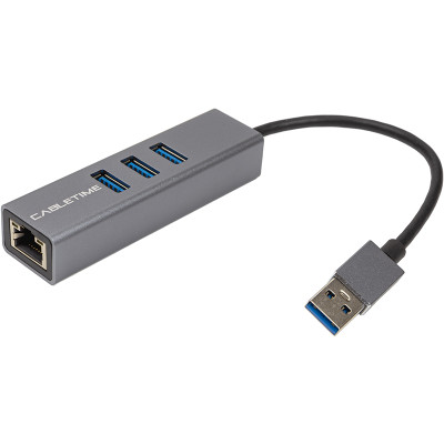 Адаптер Cabletime USB 3.0 - USB 3.0 (3 Ports) + RJ45, 0.15м (CB55G)