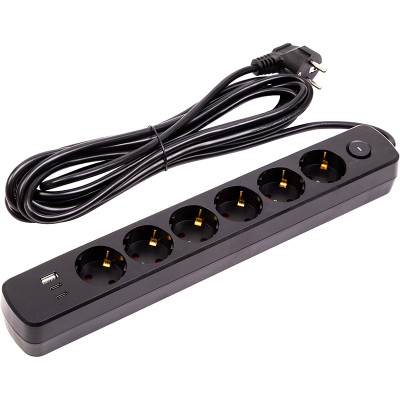 Мережевий фільтр PowerPlant 5м, 3x0.75мм2, 6 розеток, 1xUSB, 2xType-C, євро, 100% мідь (YS-N6086/5c)