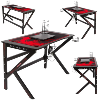 Ігровий комп’ютерний стіл з RGB LED-підсвічуванням, тримачем для навушників та чашки, Чорний