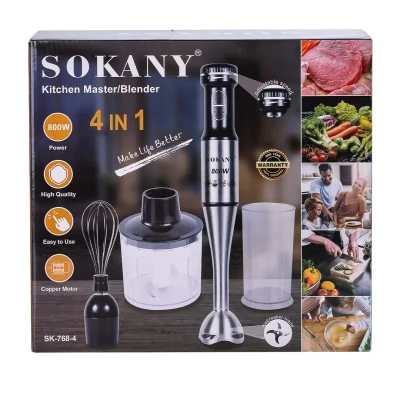 Блендер погружний Sokany заглибний ручний 4в1 полегшений з нержавіючої сталі 800 Вт 2 режими швидкості, чаша 2 л SK-768-4 SS