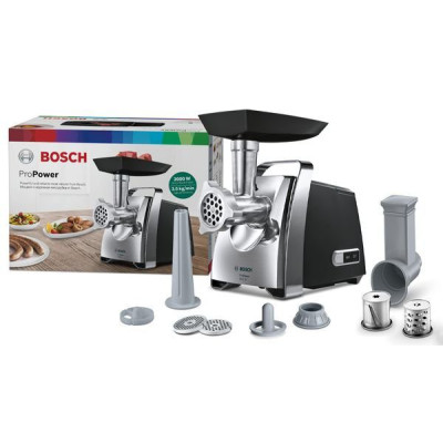 Мясорубка Bosch 2000Вт,реверс,для колбасок,шинковка 2шт,терка,нарізка,решітки 3мм.,4.8мм.,8мм.,відсік для збер.насад. MFW67440