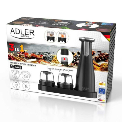 Подрібнювач спецій електр Adler аккум.120 хв.,вистачає на 4 міс.роботи,зараядка USB 2.5год.,3 змінні подріб.контейн.,LED підствітка,підставка,пластик. AD 4449 Black