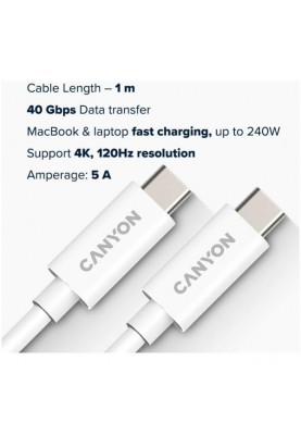 Кабель USB Type-C Canyon Type-C to Type-C 1m White (CNS-USBC44W)