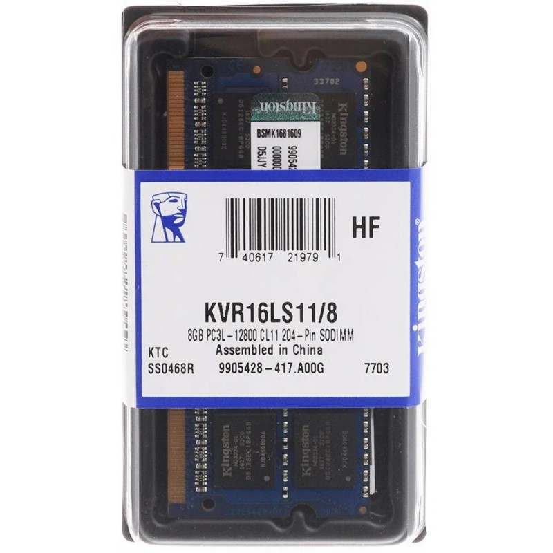 Пам'ять для ноутбуків Kingston 8 GB SO-DIMM DDR3L 1600 MHz (KVR16LS11/8WP)