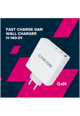 Зарядний пристрій Canyon H-140-01 GaN PD 140W QC 3.0 30W White (CND-CHA140W01)