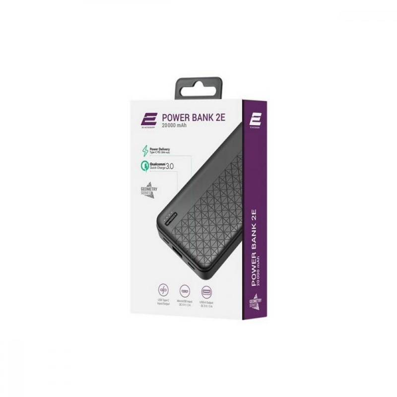 Зовнішній акумулятор (павербанк) 2E 20000mAh, Geometry, PD+ QC 3.0 18W, black (2E-PB2072PD-BLACK)