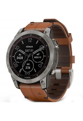 Смарт-годинник Garmin Fenix 7 Sapphire Solar Titanium with Chestnut Leather Band (010-02540-31)