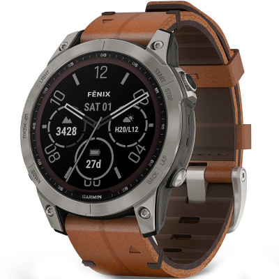 Смарт-годинник Garmin Fenix 7 Sapphire Solar Titanium with Chestnut Leather Band (010-02540-31)