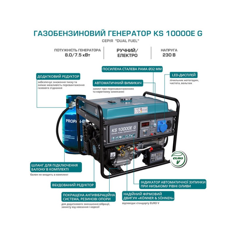 Комбінований генератор (газ-бензин) Konner&Sohnen KS 10000E G