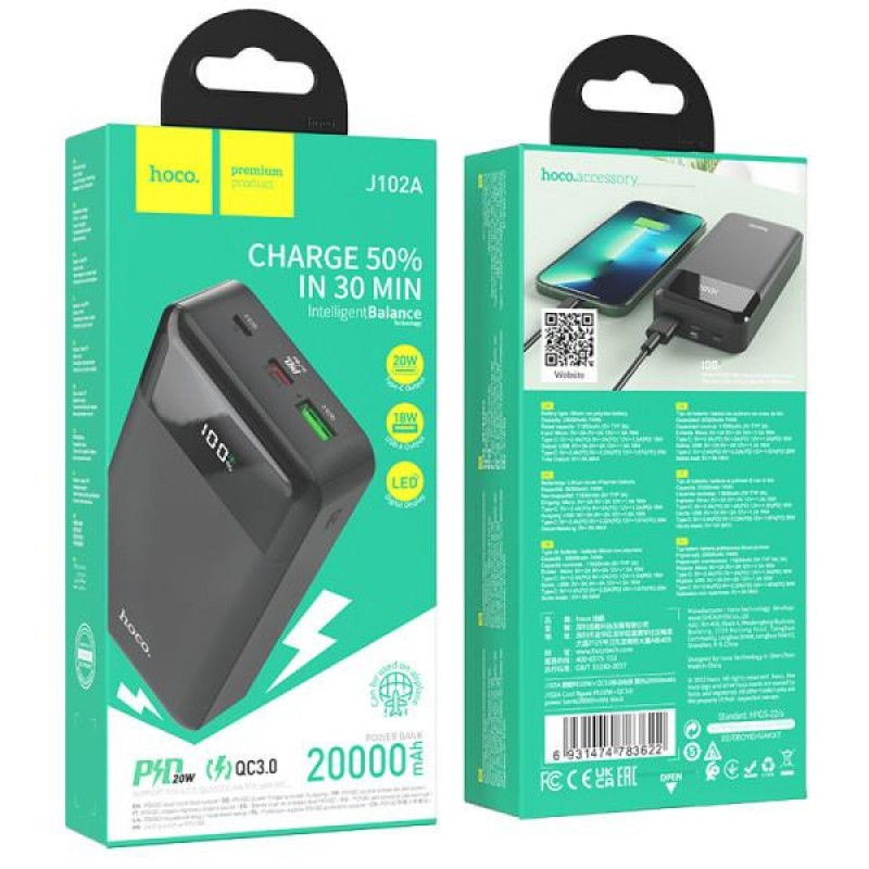 Зовнішній акумулятор (павербанк) Hoco J102A Cool Figure 20000mAh 20W Black