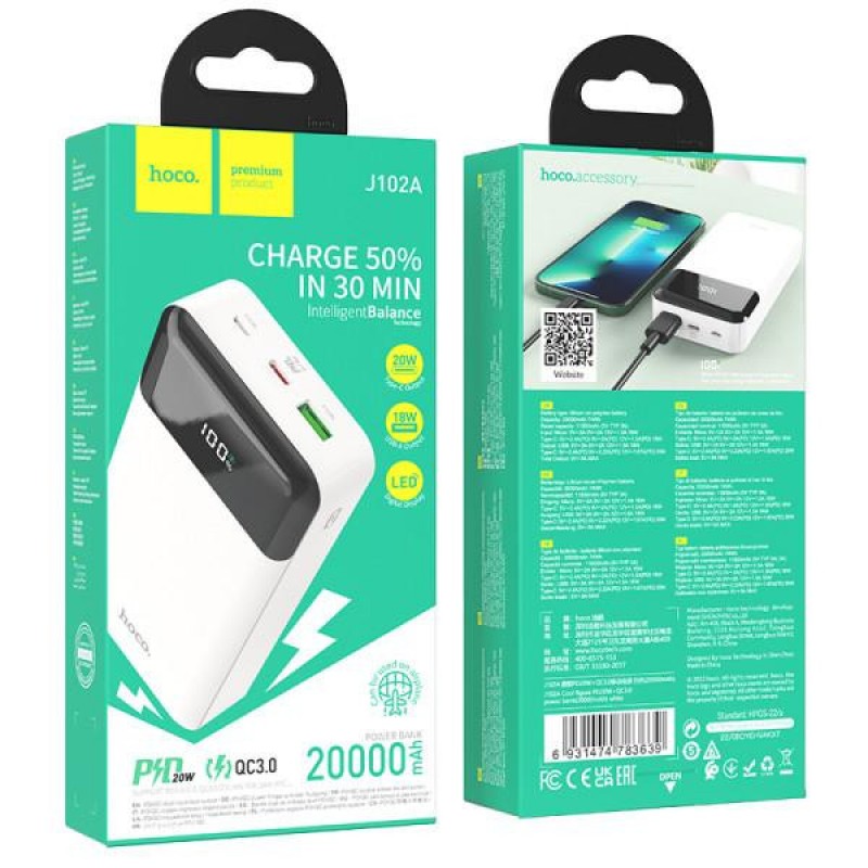 Зовнішній акумулятор (павербанк) Hoco J102A Cool Figure 20000mAh 20W White