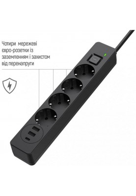 Мережевий фільтр-подовжувач ColorWay 4 розетки 3 USB 2м (CW-CHE432PDB)