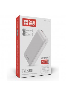 Зовнішній акумулятор (павербанк) ColorWay Slim 20000mAh White (CW-PB200LPG3WT-PD)