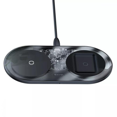 Бездротовий зарядний пристрій Baseus Simple 2in1 Wireless Charger 18W Max For Phones+Pods Transparent Black (WXJK-A01)