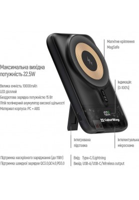 Зовнішній акумулятор (павербанк) ColorWay 10000mAh 22.5W MagSafe Black (CW-PB100LPA3BK-WPDD)