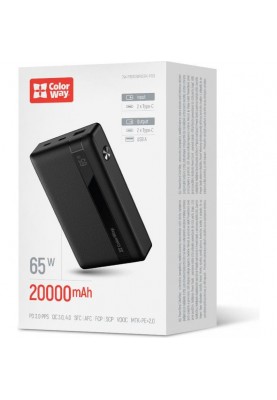 Зовнішній акумулятор (павербанк) ColorWay 20000mAh 65W Black (CW-PB200LPA3BK-PDD)