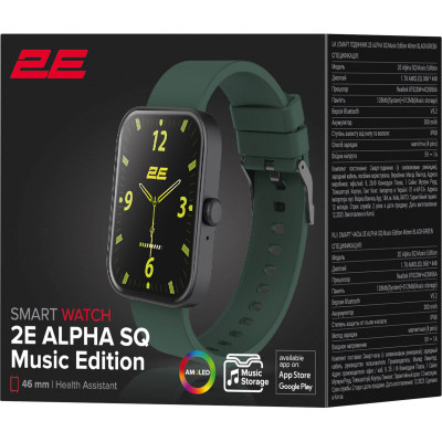Смарт-годинник 2E Alpha SQ Music Edition 46mm Black-Green (2E-CWW40BKGN)