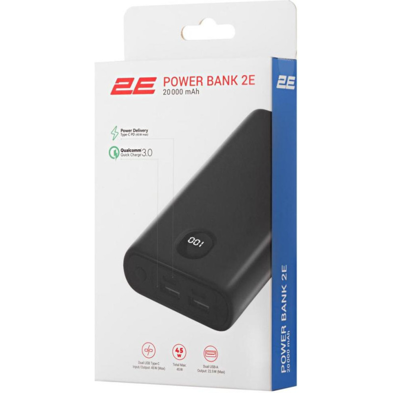 Зовнішній акумулятор (павербанк) 2E 20000mAh 45W PD QC Black (2E-PB2011-BLACK)