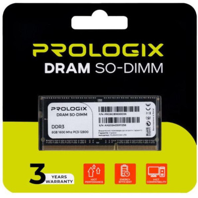 Пам'ять для ноутбуків Prologix 8 GB SO-DIMM DDR3 1600 MHz (PRO8GB1600D3S)