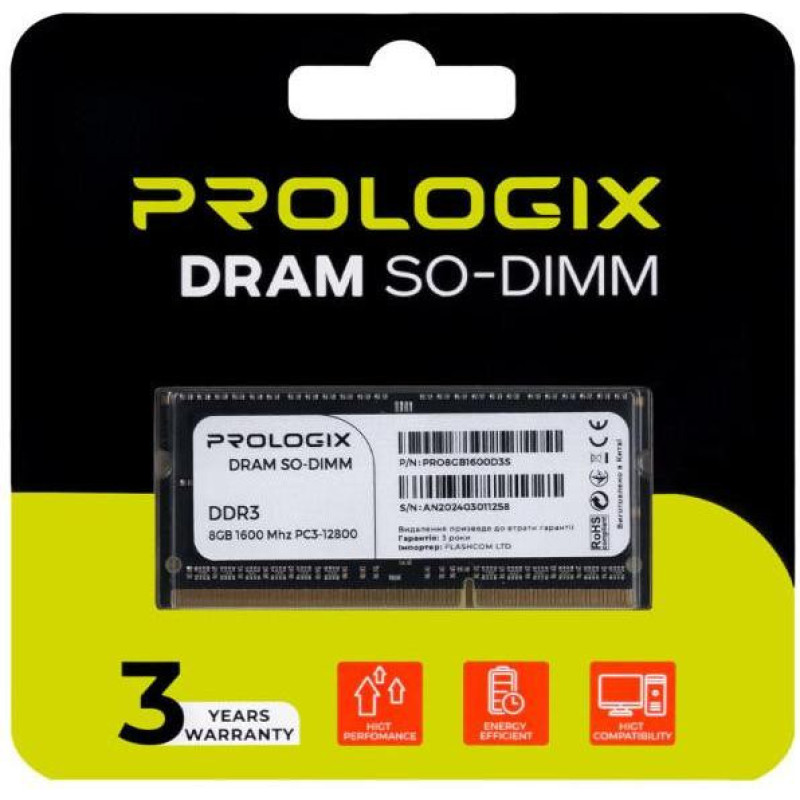 Пам'ять для ноутбуків Prologix 8 GB SO-DIMM DDR3 1600 MHz (PRO8GB1600D3S) Пам'ять для ноутбуків Prologix 8 GB SO-DIMM DDR3 1600 MHz (PRO8GB1600D3S)