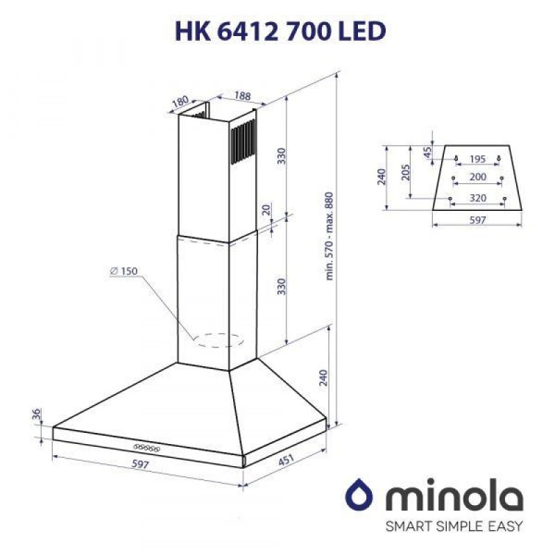 Витяжка купольна Minola HK 6412 WH 850 LED