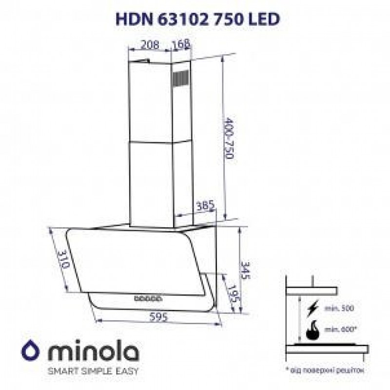 Похила витяжка Minola HDN 63102 BL 750 LED