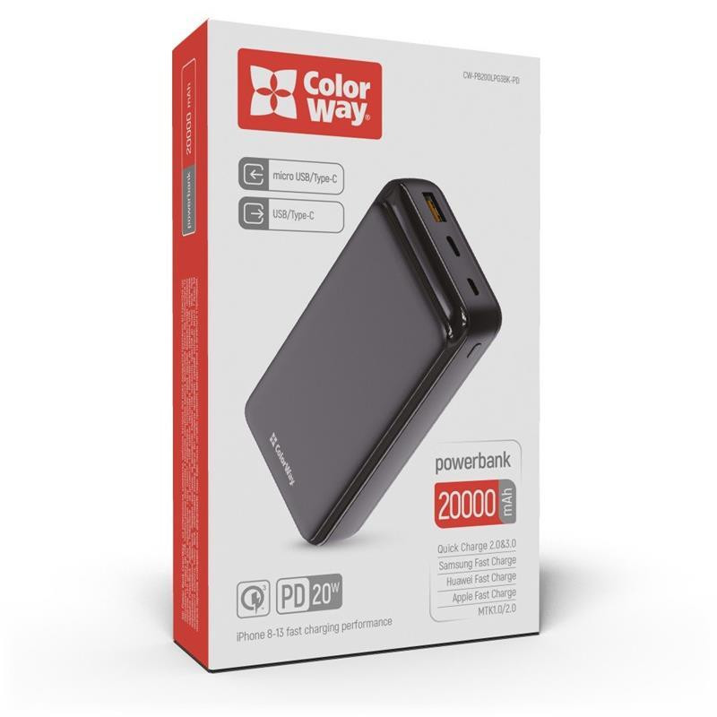 Зовнішній акумулятор ColorWay Slim 20000mAh Black (CW-PB200LPG3BK-PD)