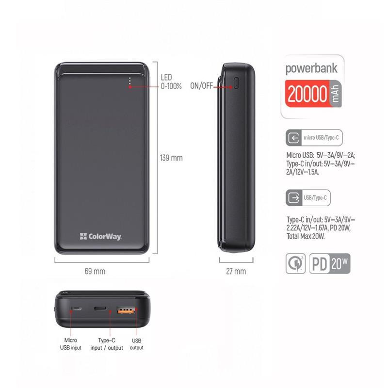 Зовнішній акумулятор ColorWay Slim 20000mAh Black (CW-PB200LPG3BK-PD)