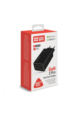 Зарядний пристрій ColorWay GaN3 Pro Power Delivery (USB-A + 2 USB TYPE-C) (CW-CHS039PD-BK)