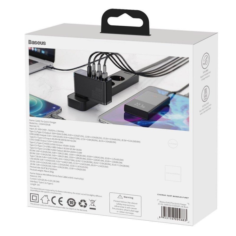 Мережевий зарядний пристрій Baseus GaN2 Pro QC 2C + Charger Type-C Cable 100W Black (CCGAN2P-L01)