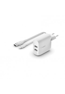 Мережевий зарядний пристрій Belkin Boost Up Charge Dual USB-A Wall Charger 24W + Lightning White (WCD001VF1MWH)
