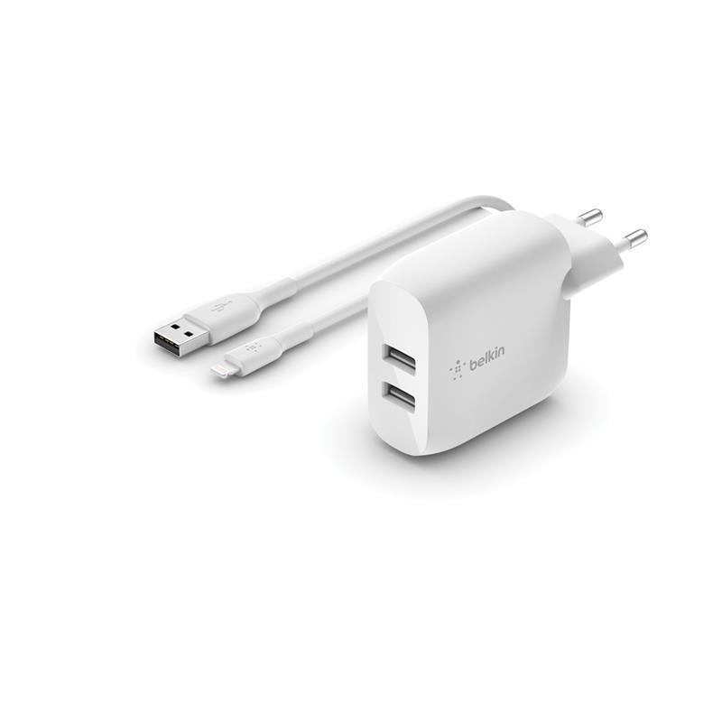 Мережевий зарядний пристрій Belkin Boost Up Charge Dual USB-A Wall Charger 24W + Lightning White (WCD001VF1MWH)