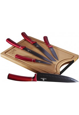 Набір з 6 ножів з бамбуковою обробною дошкою Berlinger Haus Metallic Line Burgundy Edition (BH-2552)