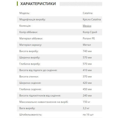 Комплект садових меблів Art Metal Furniture Крісло Catalina ротанг сірий (521808)