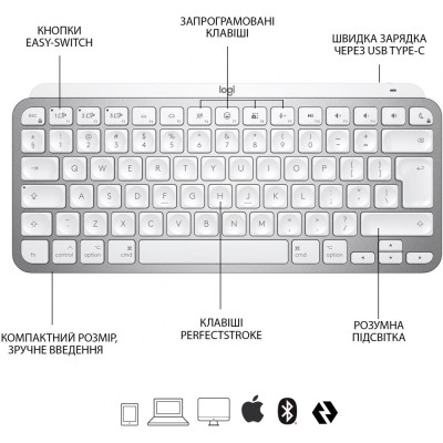 Клавіатура Logitech MX Keys Mini для Mac Wireless Illuminated Pale Grey (920-010526)