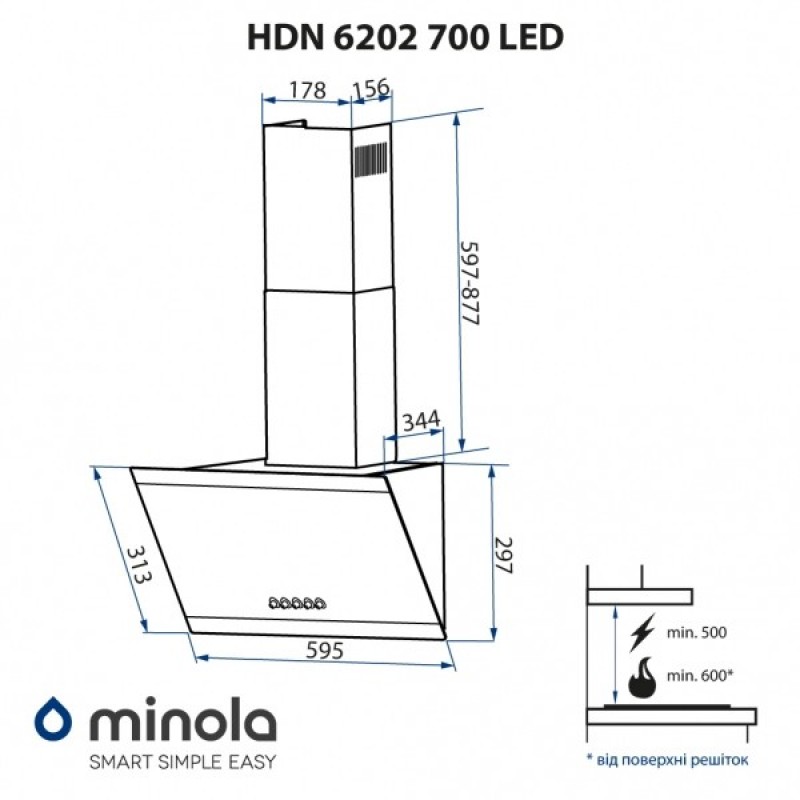 Витяжка похила Minola HDN 6202 BL/INOX 700 LED